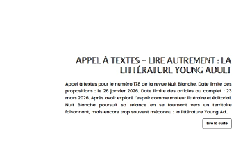 Appel de textes pour la revue Nuit blanche, thème Young Adult, date limite le 26 janvier 2026.