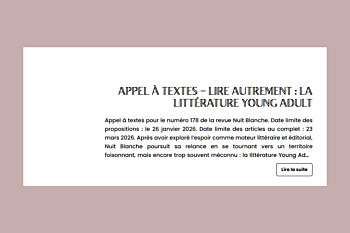 Appel de textes pour la revue Nuit blanche, thème Young Adult, date limite le 26 janvier 2026.