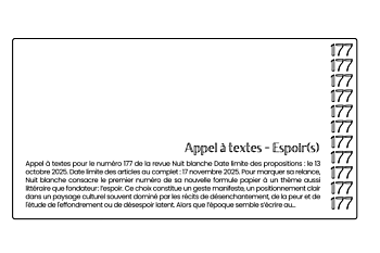 Appel de textes pour la revue Nuit blanche, thème espoir, date limite le 13 octobre 2025.