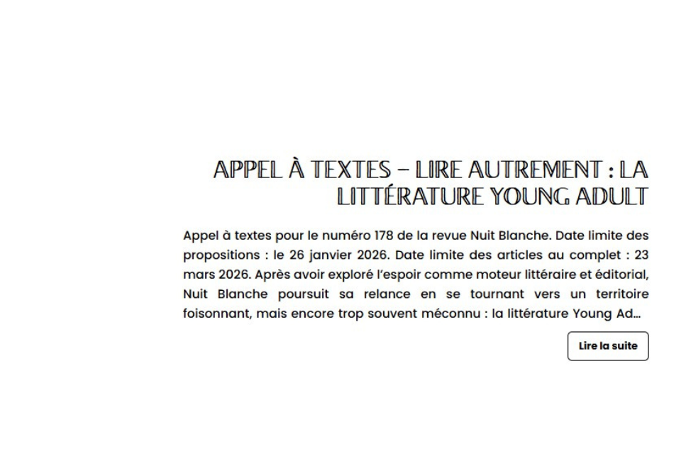 Appel de textes pour la revue Nuit blanche, thème Young Adult, date limite le 26 janvier 2026.