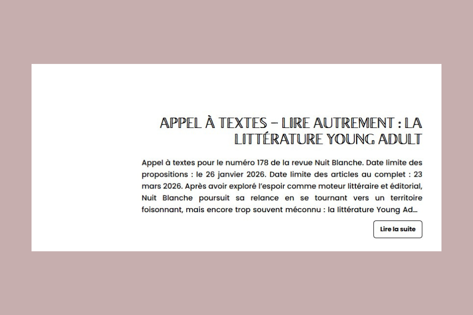 Appel de textes pour la revue Nuit blanche, thème Young Adult, date limite le 26 janvier 2026.